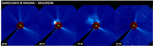 Fig. 1 : Une éjection de masse observée par les satellite SoHO (ESA & (...)