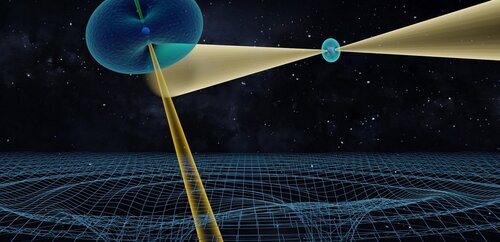 Illustration du système du "pulsar double" formé de deux étoiles à&nbsp;(...)