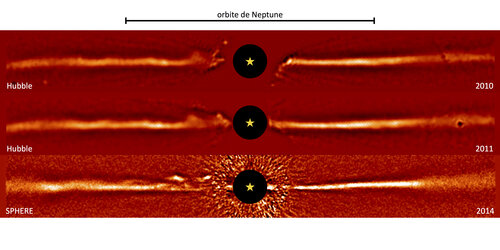 Images du disque qui entoure AU Microscopii, acquises par Hubble et le&nbsp;(...)
