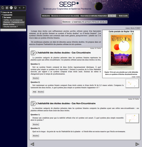 Exemple d'une page d'exercices sur le portail pédagogique SESP