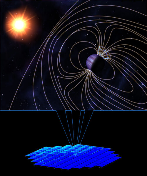 Schématisation d'un signal radio complexe émis par une exoplanète, détecté par&nbsp;(...)